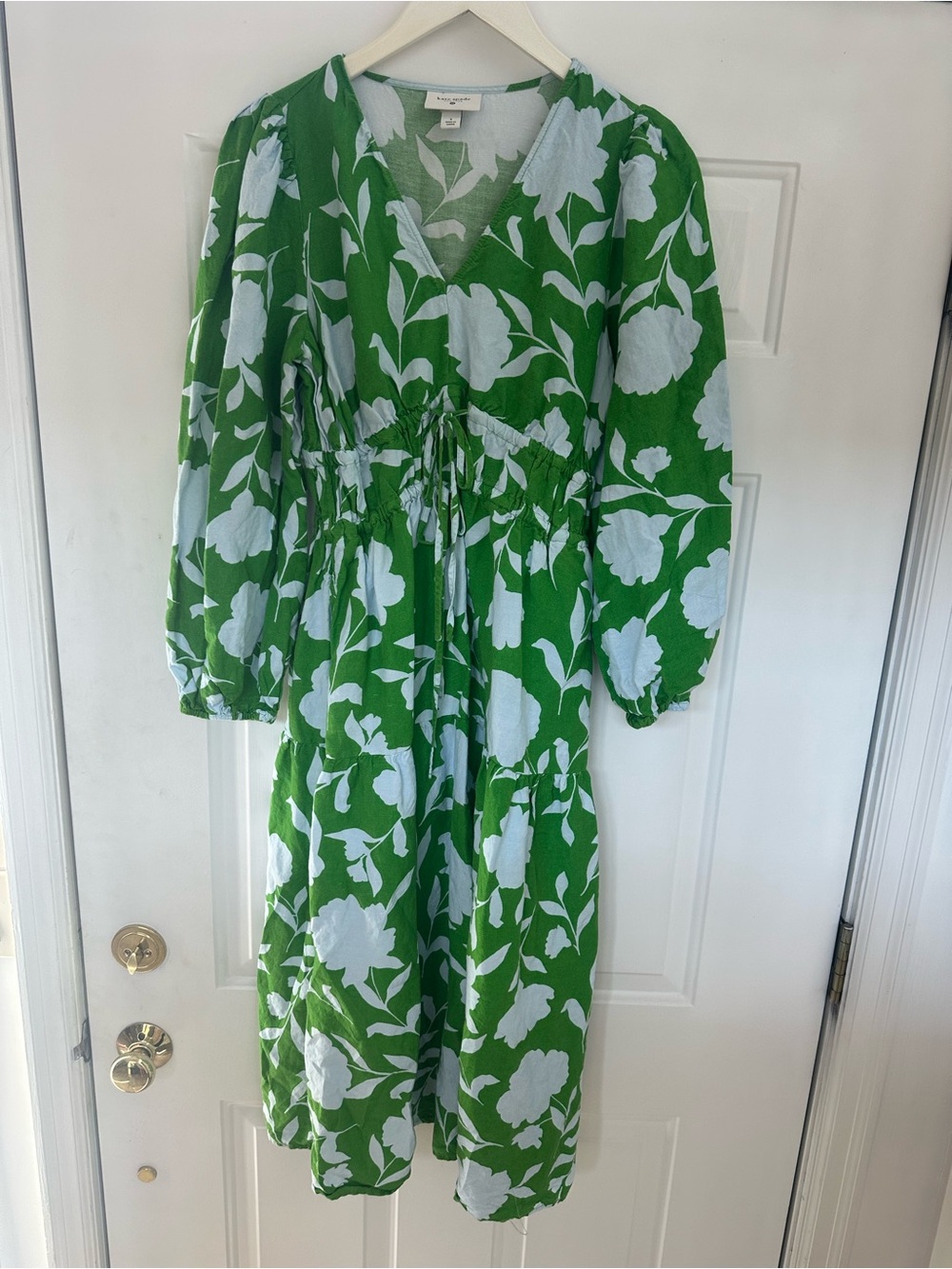 Kate Spade Women's Classic Rose Linen Long Sleeve Maxi Dress Green Blue S
